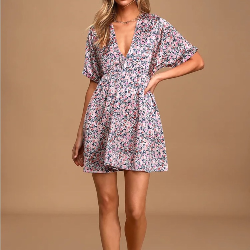 Pink Floral Print Satin Babydoll Dress